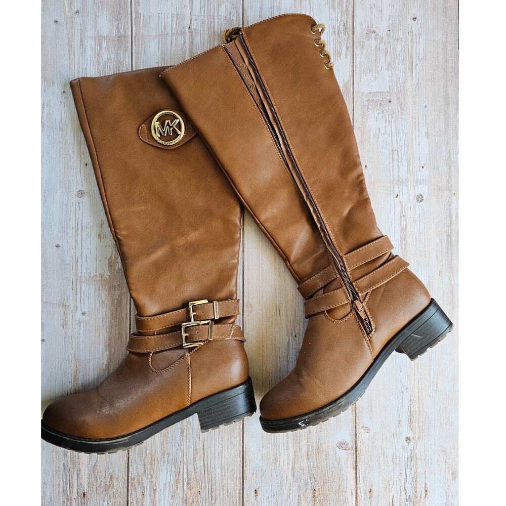 Michael Kors Knee High Riding Boots Womens 8 Cognac Lace Up Back Buckle Faux Fur